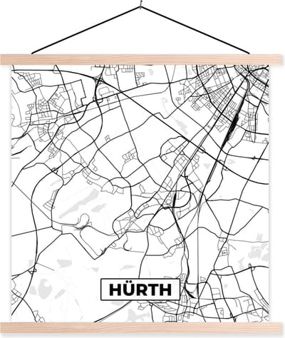 Posterhanger incl. Poster 40x40 cm - Schoolplaat - Plattegrond - Hürth - Kaart - Stadskaart - Textielposter - Blanke latten - Stadskaart