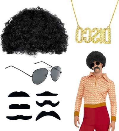 Hippie Kostuum Set voor Mannen met 9 Delige Accessoires, Afro Peruk en 70s 80s Thema Outfit voor Feestjes en Halloween