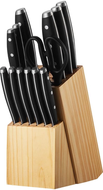 15-delige keukenmessenset met houten blok en slijper, roestvrijstalen messen met hoog koolstofgehalte, ergonomische handgrepen, slijpstaaf en duurzaam opbergblok voor dagelijks gebruik in de keuken