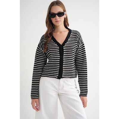 Gestreepte V-hals Knopenfront Ribgebreide Cardigan