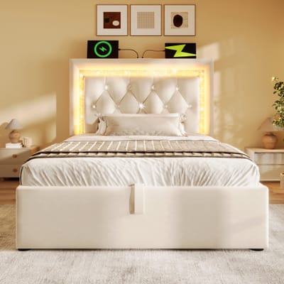 Eenpersoonsbed 90x200 cm - met LED-verlichting - USB- en Type-C-oplaadpoorten - met opbergruimte - beige - zonder matras