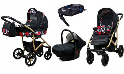 BabyLux® Kinderwagen 4in1 – LARGO - BLACK MORO GOLD FRAME - Opklapbare Wandelwagen incl. Reiswieg, Multifunctionele Buggy Sportstoel, Autostoel, ISOFIX basisstation - Combi-kinderwagen met Luiertas, Regenhoes, Klamboe