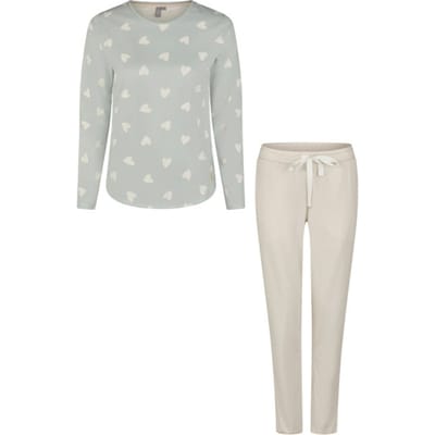 By Louise Dames Pyjama Set Lang Katoen Mintgroen Hartjes/Beige Gestreept - Maat S