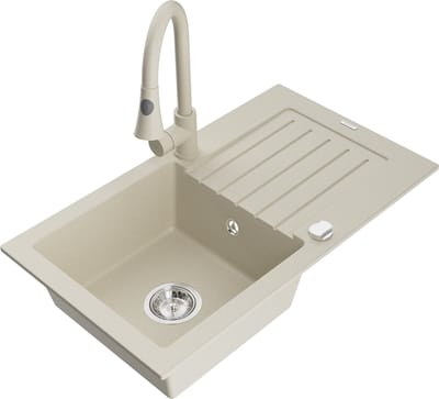 Mexen Pablo granieten spoelbak 1-komor met afdruiprek en keukenmengkraan Elia, beige - 6510-69-670101-69