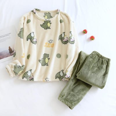 Nieuwe Dames Flanellen Pyjama's voor Herfst en Winter Lange Mouwen Broek Tweedelig Cartoon Dinosaurus Warmte Verdikking Huispak M beige