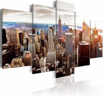Schilderij - Grijze wolkenkrabbers - New York , multi kleur , 5 luik