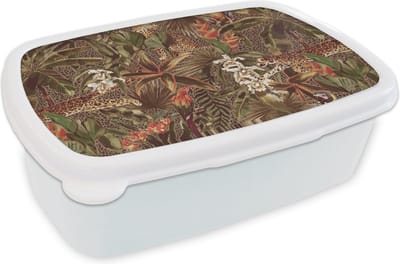 Broodtrommel Wit - Lunchbox - Brooddoos - Vintage - Natuur - Jungle - Patronen - 18x12x6 cm - Volwassenen