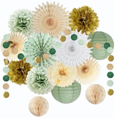 GELLDG Saliegroene feestdecoraties - Saliegroene crèmekleurige en gouden papieren pompons - Papieren waaier - Olijfgroene papieren pompons - Saliegroene en gouden stippenkrans - Geschikt voor verjaardagsdecoraties, babyborrels en bruiloften