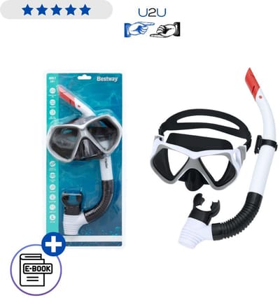 Bestway Duikset 24069 Wit Masker Met Snorkel 14+ Snorkelset Gehard Glas UV Bescherming Verstelbare Band Comfort Duikmasker Latexvrij Zwemset Met Ebook