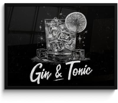 Poster in lijst - Fotolijst 80x60 cm - Posters - Gin en tonic - Glas - Limoen - Ijsblokjes - Posterlijst zwart - Decoratie - Wanddecoratie woonkamer - Muurdecoratie slaapkamer