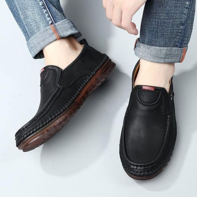 Heren Leren Schoenen Casual Echt Lederen Schoenen Rundspees Zool Schoenen Antislip Slijtvast Casual Rijschoenen 39 zwart