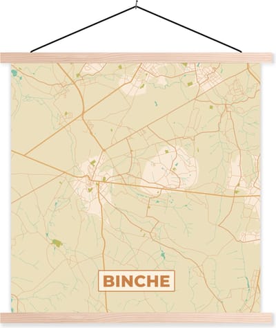 Posterhanger incl. Poster 40x40 cm - Schoolplaat - Plattegrond - Binche - Kaart - Vintage - Stadskaart - Textielposter - Blanke latten - Stadskaart