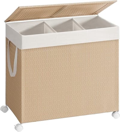 MAZAZU - Wasmand - 3 Compartimenten - 140L Inhoud - Beige en Wit - 66,5x37,5x65