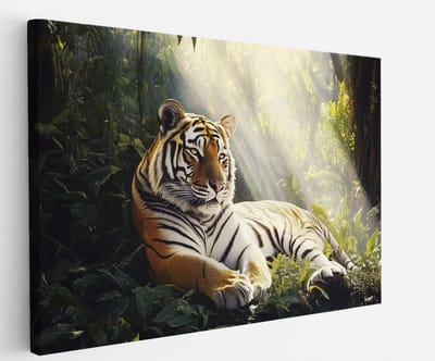 Saammp Canvas Schilderij - Tijger in het bos - Zon - Natuur - Dieren - 45x30 - Foto op canvas - Wanddecoratie - muurdecoratie Woonkamer - Slaapkamer decoratie - Canvas Print