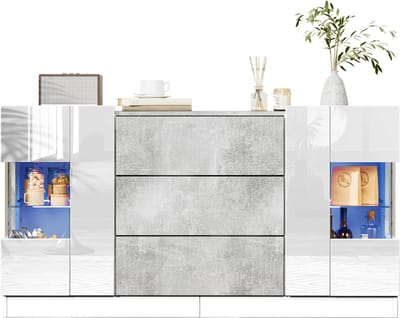 Dressoir - 140x35x75 cm - Met 2 Deuren En 3 Lades - Hoogglans Front - LED Verlichting - MDF Glas - Wit Marmerlook