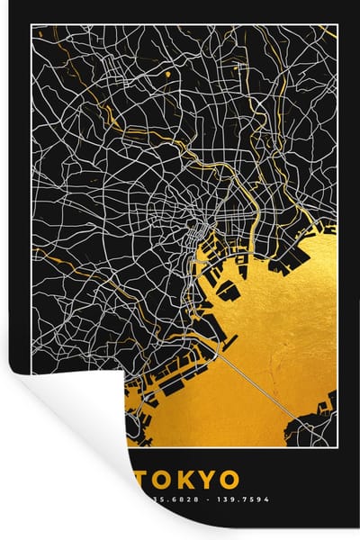 Muurstickers - Sticker Folie - Tokyo - Stadskaart - Goud - Plattegrond - Kaart - 20x30 cm - Plakfolie - Muurstickers Kinderkamer - Zelfklevend Behang - Zelfklevend behangpapier - Stickerfolie