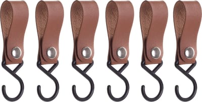 QUVIO Ophanghaak met leren bandje - Kledinghaken - Kledinghangers - Opbergen - Haken - Keukenhaken - Kunststof- Leer - Ophanghaken - Set van 6 - Bruin