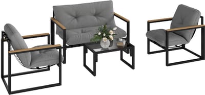 4-personen terrasset van Outsunny, 4-delige balkonset met bank, 2 stoelen en houten tafel met 4 stoelen, inclusief 4 kussens, terras balkon meubels, grijs