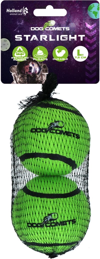 Dog Comets Starlight Tennisbal - Ø 7,5 cm - Hondenbal - Drijvend Hondenspeelgoed - Stuiterend Hondenspeeltje - Groen - 2 stuks