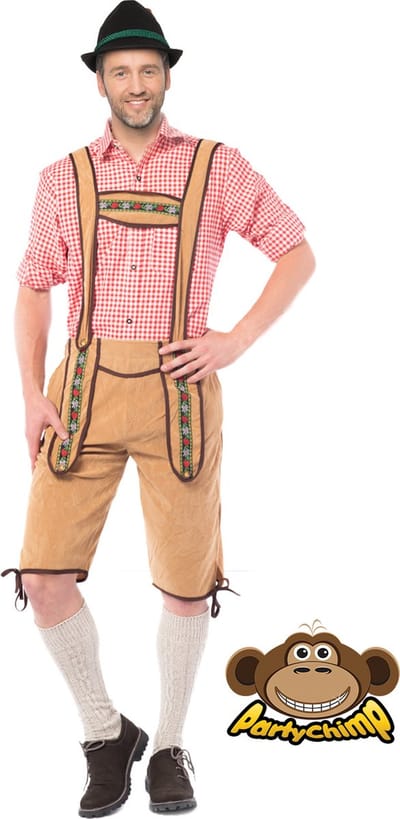 Partychimp Voordelige Lange Lederhose Johann Oktoberfest Heren Lederhosen Man Carnavalskleding Heren - Maat S - Lichtbruin - Polyester