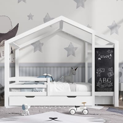 Kinder Huisbed 90 x 200 cm - houten bed met plank en 2 lades - massief hout met hek en lattenbodem - wit (zonder matras)