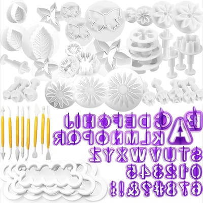 Set van 84 stuks koekjesuitsteekvormpjes voor letters, cijfers en rozen, ideaal voor fondant en taarten decoratie
