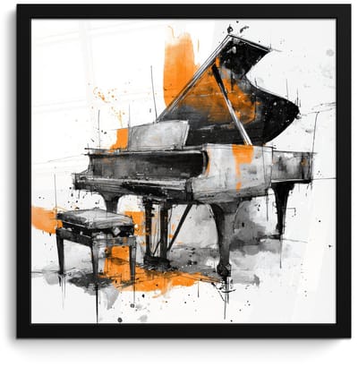 Poster in lijst - Fotolijst 40x40 cm - Posters - Piano - Oranje - Zwart - schets lijnen - Posterlijst zwart - Decoratie - Wanddecoratie woonkamer - Muurdecoratie slaapkamer