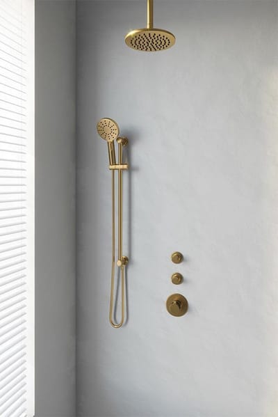 Brauer Gold Edition thermostatische inbouw regendouche SET 23 met 20 cm douchekop en plafondarm en 3-standen handdouche en doucheslang en geïntegreerde glijstang goud geborsteld PVD