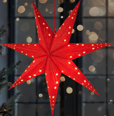 BRUBAKER LED Kerstster om op te Hangen - 60 cm Papieren Ster met 7 Punten - 3D Adventsster - Werkt op Batterijen, Hangend en Verlicht - Raamdecoratie Lichtster - Rood