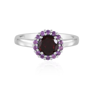 Cavill - 925 Sterling Zilver Ring - Framboos Rhodoliet 0,9ct & 14 Amethisten 0,227ct - Halo Ontwerp - Geplaatineerd - Luxe Edelstenen Dames Sieraad