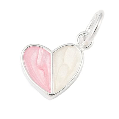 Zilveren hangertje voor ketting of bedelarmbandje - two-tone - hartje roze en wit - parelmoer emaille - 8x9mm