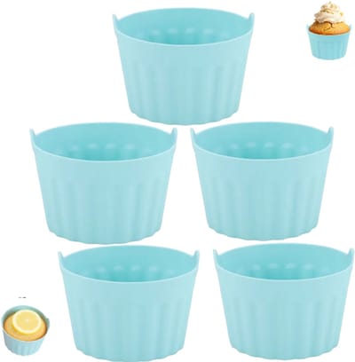 5 stuks- puddingvormpjes - Siliconen bakvormen voor cake - Siliconen cupcakevormpjes voor de airfryer - Voedselveilige siliconen vormpjes voor airfryers - Met handvat - Blauw - 8 x 5 cm - Vaatwasmachinebestendig - Geschikt voor in de keuken
