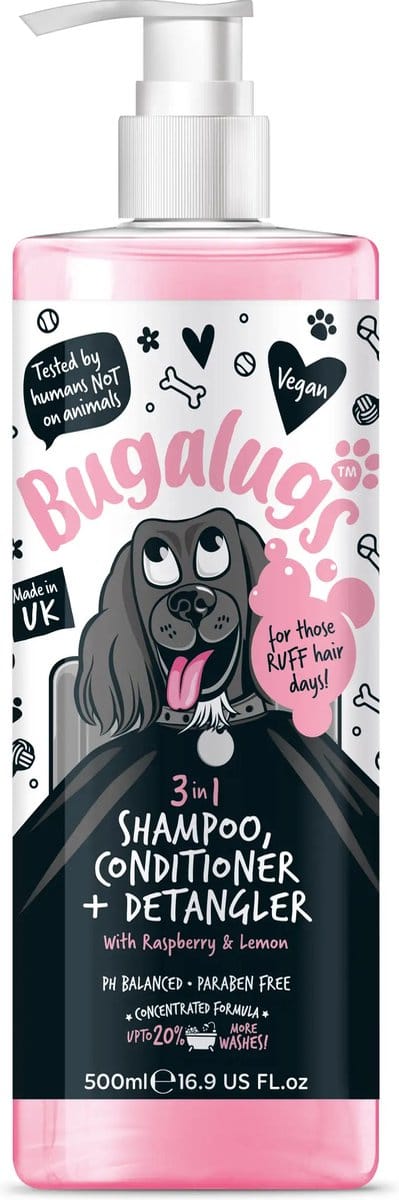 Bugalugs - 3-in-1 Raspberry & Lemon hondenshampoo, conditioner en ontklitter - Alle vachttypes - Fles met pompje - Vegan - 500 ml