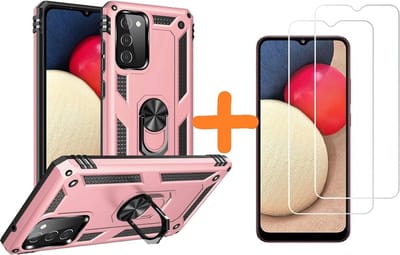 Hoesje Geschikt Voor Samsung Galaxy A02s Hoesje kickstand Armor met Ring houder TPU backcover hoesje - Rose Goud met Galaxy A02S screenprotector 2 pack
