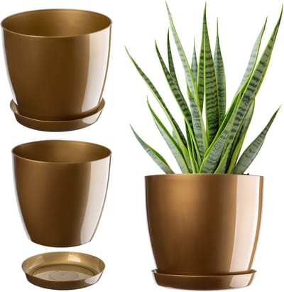 Kadax bloempot, plantenpot met onderschotel, ronde bloempot voor binnenshuis, elegante sierpot van kunststof, bloempot voor bloemen en planten, lichtgewicht plantenpot (Ø 12 cm, goud)