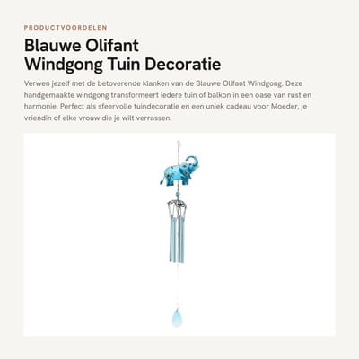 Dailygoods- Windgong met Blauwe Olifant - Buitenwindgong - Klokkenspel - Tuindecoratie - Cadeau voor Moeder - Handgemaakt van IJzer en Glas