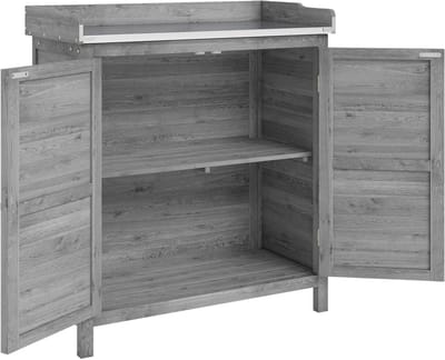 Oppottafel – Hout – Buiten – Tuinkast – Werktafel – Opbergkast – Weerbestendig – Grijs