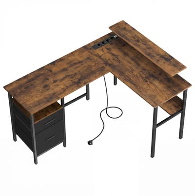 VASAGLE - Bureau - L-vormig Bureau met Stopcontacten - Monitorverhoger - LED Verlichting - 2 Lades