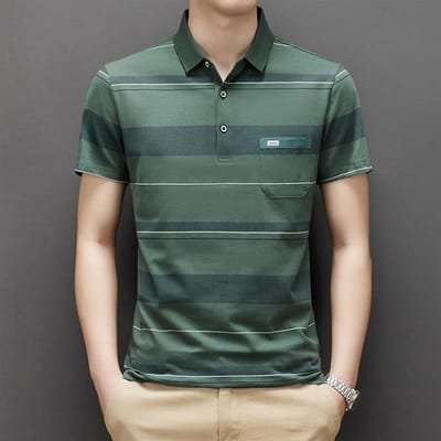 Katoen Gewassen Gestreept T-shirt met Korte Mouwen voor Papa Middelbare Leeftijd en Oudere Mannen Revers Casual Zakelijk Poloshirt L black