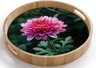 Dienblad rond 40x40 cm - Schootdienblad hout - Blad - Chrysant - Roze - Schaduw - Borrelplank rechthoek - Plateau houten dienbladen