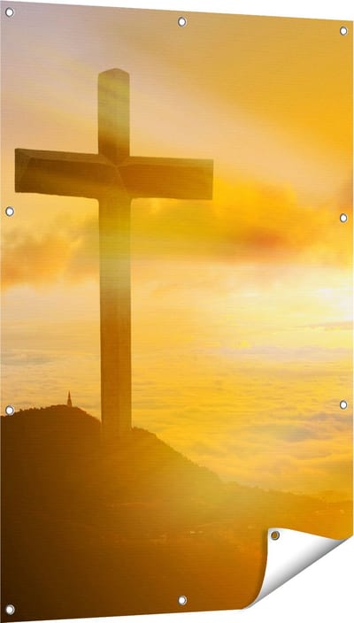 Gards Tuinposter Kruis van Jezus Christus bij Zonsondergang - 80x120 cm - Tuindoek - Tuindecoratie - Wanddecoratie buiten - Tuinschilderij