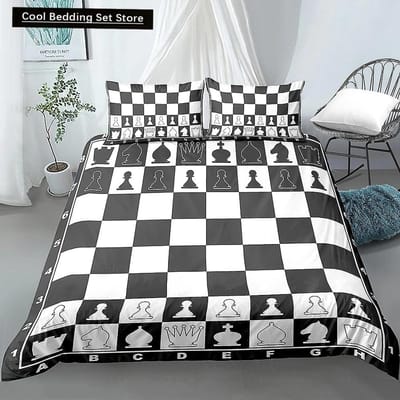 Internationaal Schaken Koning Koningin Dekbedovertrek Schaakbord Beddengoed Set Zwart Wit Ruit Dekbedovertrek Plaid Polyester Dekbedovertrek 70x133cm 2pcs