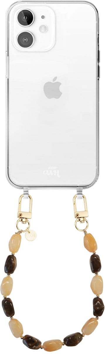 xoxo Wildhearts telefoonhoesje geschikt voor iPhone 11 - Amber Dust (kort koord) - siliconen hoesje met koord - Backcover met telefoonkoord - Telefoonhanger stenen ketting - Beige / Bruin