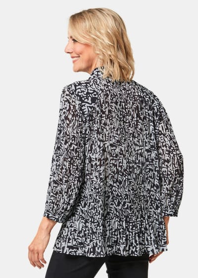 Plisséblouse met strik - zwart / wit / gedess. - Gr. 40 van Goldner Fashion