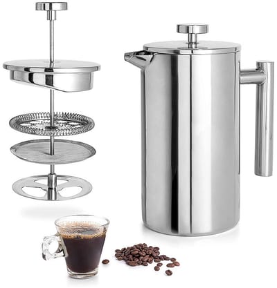 Somstyle French Press Cafetiere - 600 ML - Dubbelwandige Koffiepers - RVS Koffiepot - Verse Koffiemaker - Zilverkleurig
