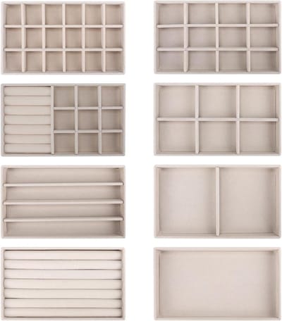8 Stuks Velvet Sieraden Organizer met Lades, Stapelbare en Verwijderbare Planken voor Oorbellen, Ringen, Armbanden en Kettingen - Beige