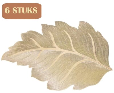 6 Stuks - Gouden Placemats met Veerdesign – PVC – Luxe Tafeldecoratie – 51x32 cm - Antislip -Goudkleurige Placemats