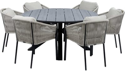 7-Delige ronde tuinset | 6 Tuinstoelen Elvira (Black) | Tuintafel Cyprus ø150cm (Grey)