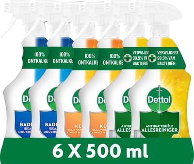Dettol - 3L Allesreiniger Spray Power & Fresh - Badkamer 2x500ml - Keuken 2x500ml - Citrus 500ml - Voordeelverpakking