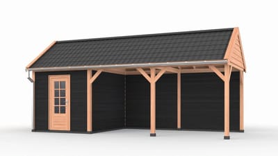 Douglas overkapping zadeldak, 750 x 300, met schuur en achterwand, Westwood Ruiter Basic
